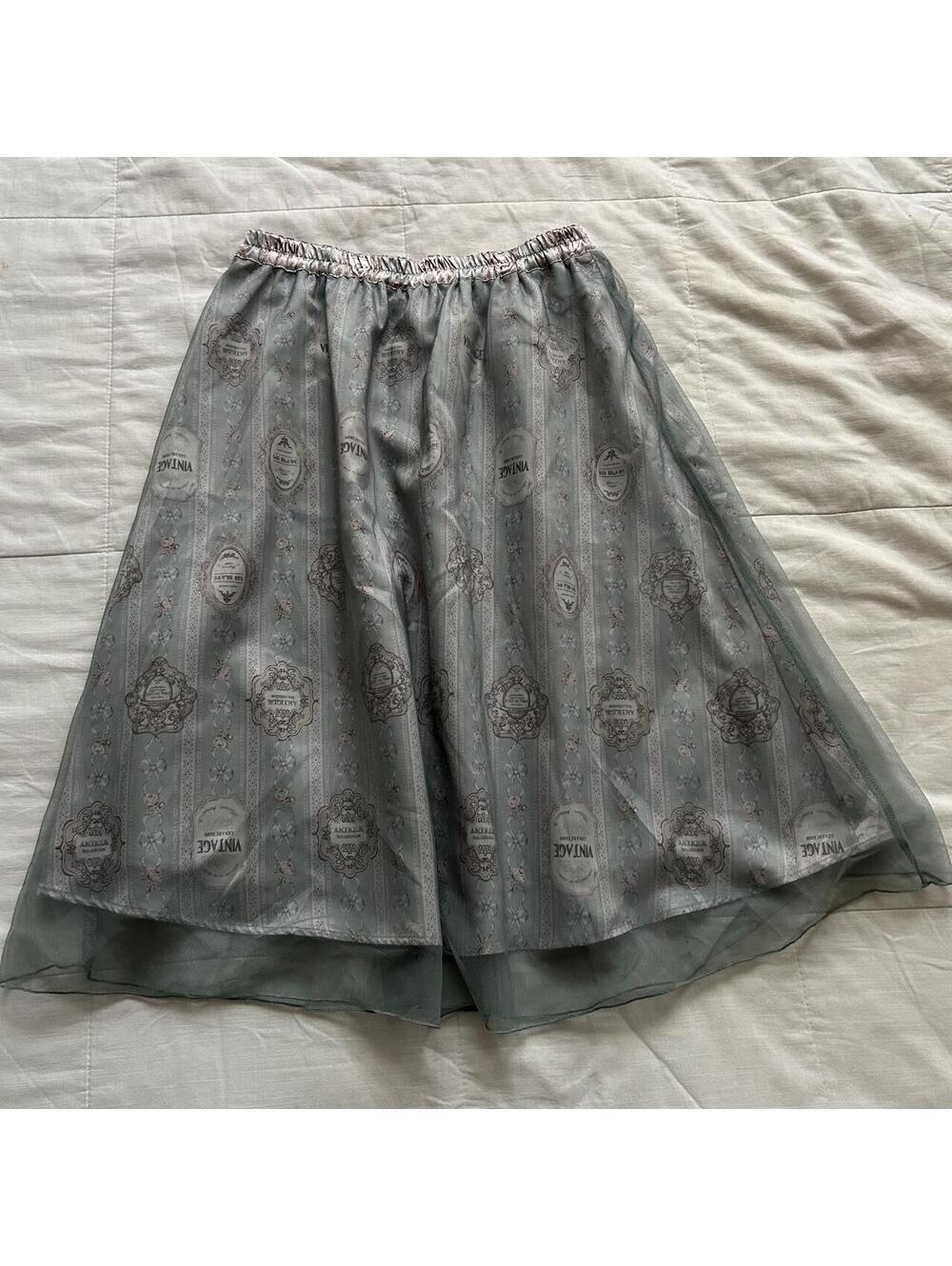 Axes Femme Sage Green Vintage Label Print Chiffon Skirt M Japan